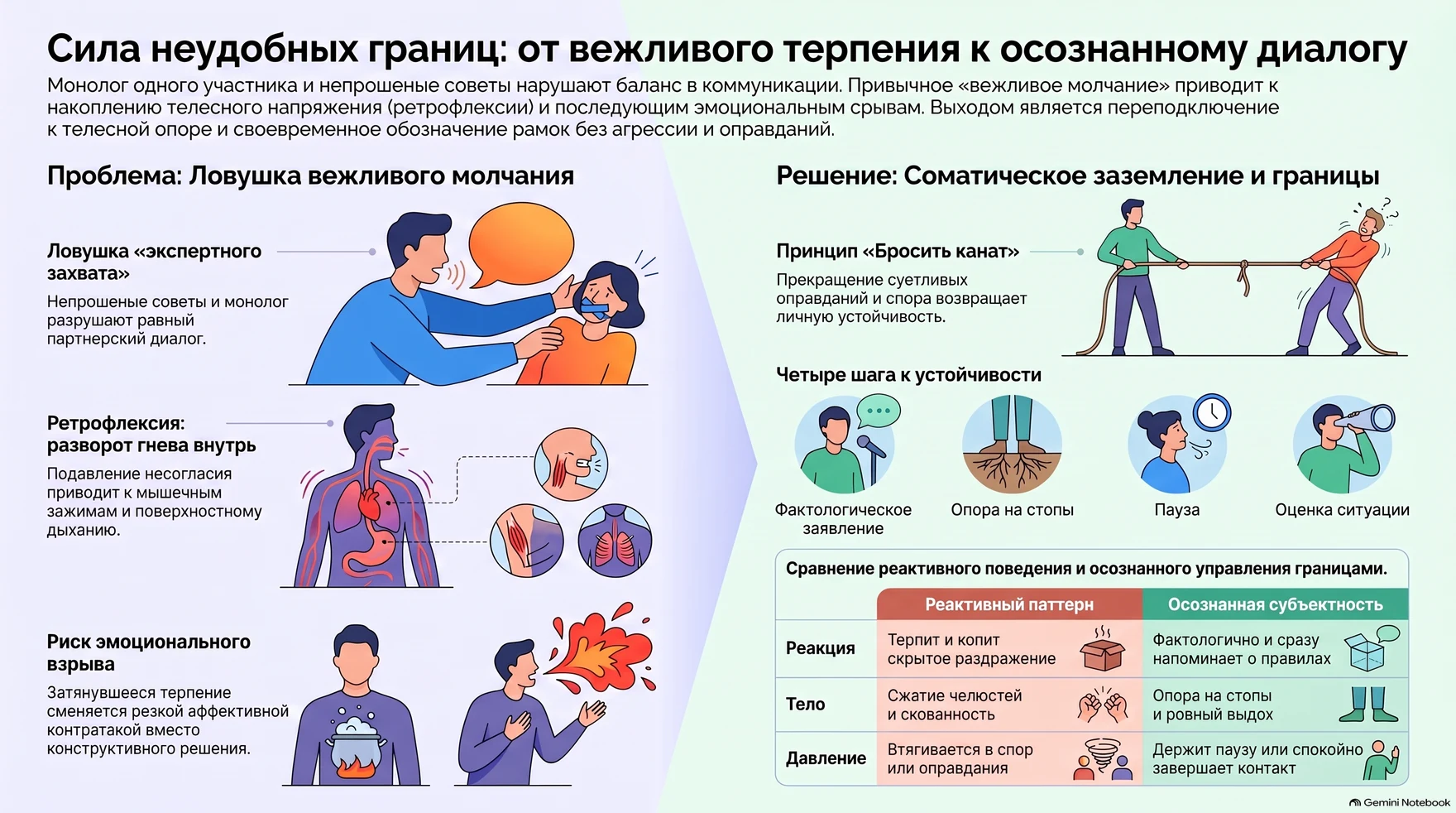 Инфографика: сила неудобных личных границ — от вежливого терпения к осознанному диалогу