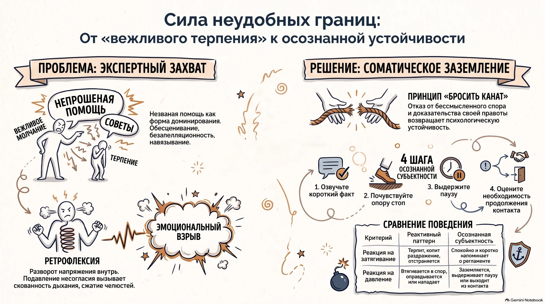 Инфографика: сила неудобных границ — от вежливого терпения к осознанной устойчивости