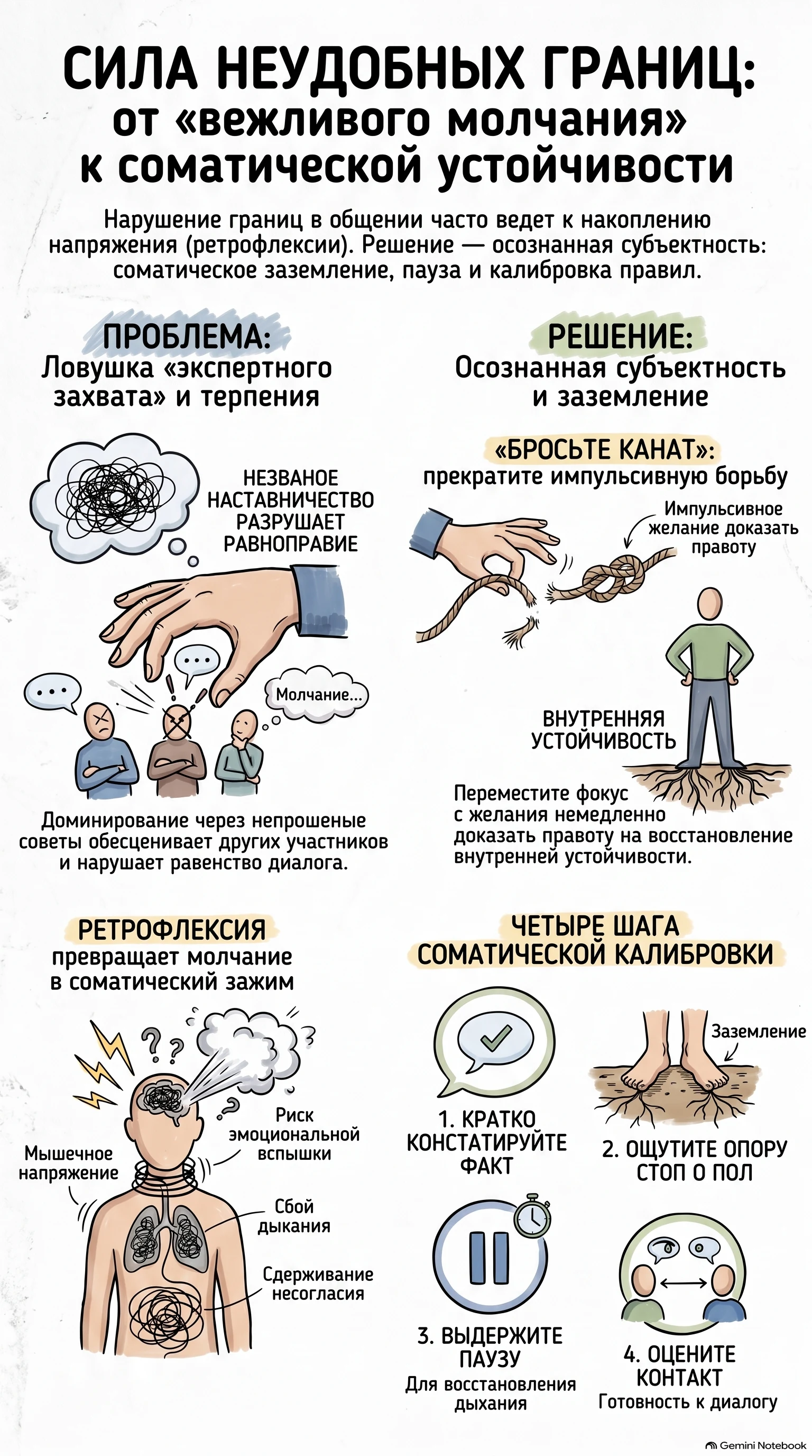 Инфографика: сила неудобных границ — от вежливого молчания к соматической устойчивости